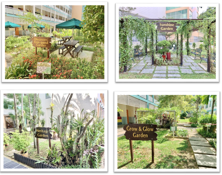Four garden areas with wooden signs reading Discovery Eco-pond, Sunshine, Heritage, and Grow and Glow Gardens.